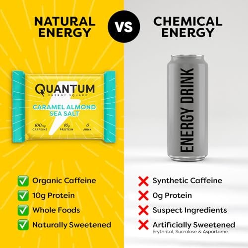 Quantum Energy Square: Energieriegel mit Koffein & 10g Protein – Leckerer, gesunder Snack für unterwegs (Vegan, glutenfrei, sojafrei, milchfrei) – Karamell-Mandel-Meersalz (8er Pack)