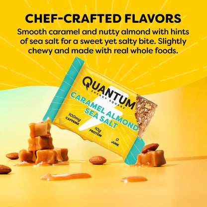 Quantum Energy Square: Energieriegel mit Koffein & 10g Protein – Leckerer, gesunder Snack für unterwegs (Vegan, glutenfrei, sojafrei, milchfrei) – Karamell-Mandel-Meersalz (8er Pack)