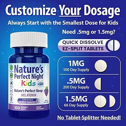 Nature's Perfect Night Kids | Melatonin für Kinder 1mg | 100 Kautabletten | Natürlicher Traubengeschmack | Zuckerfrei | Vegan | Glutenfrei | Ohne Arzneimittel | Große Packung