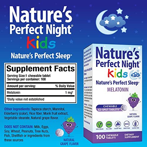 Nature's Perfect Night Kids | Melatonin für Kinder 1mg | 100 Kautabletten | Natürlicher Traubengeschmack | Zuckerfrei | Vegan | Glutenfrei | Ohne Arzneimittel | Große Packung
