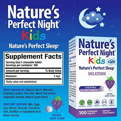Nature's Perfect Night Kids | Melatonin für Kinder 1mg | 100 Kautabletten | Natürlicher Traubengeschmack | Zuckerfrei | Vegan | Glutenfrei | Ohne Arzneimittel | Große Packung