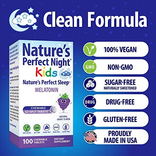 Nature's Perfect Night Kids | Melatonin für Kinder 1mg | 100 Kautabletten | Natürlicher Traubengeschmack | Zuckerfrei | Vegan | Glutenfrei | Ohne Arzneimittel | Große Packung