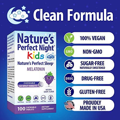 Nature's Perfect Night Kids | Melatonin für Kinder 1mg | 100 Kautabletten | Natürlicher Traubengeschmack | Zuckerfrei | Vegan | Glutenfrei | Ohne Arzneimittel | Große Packung