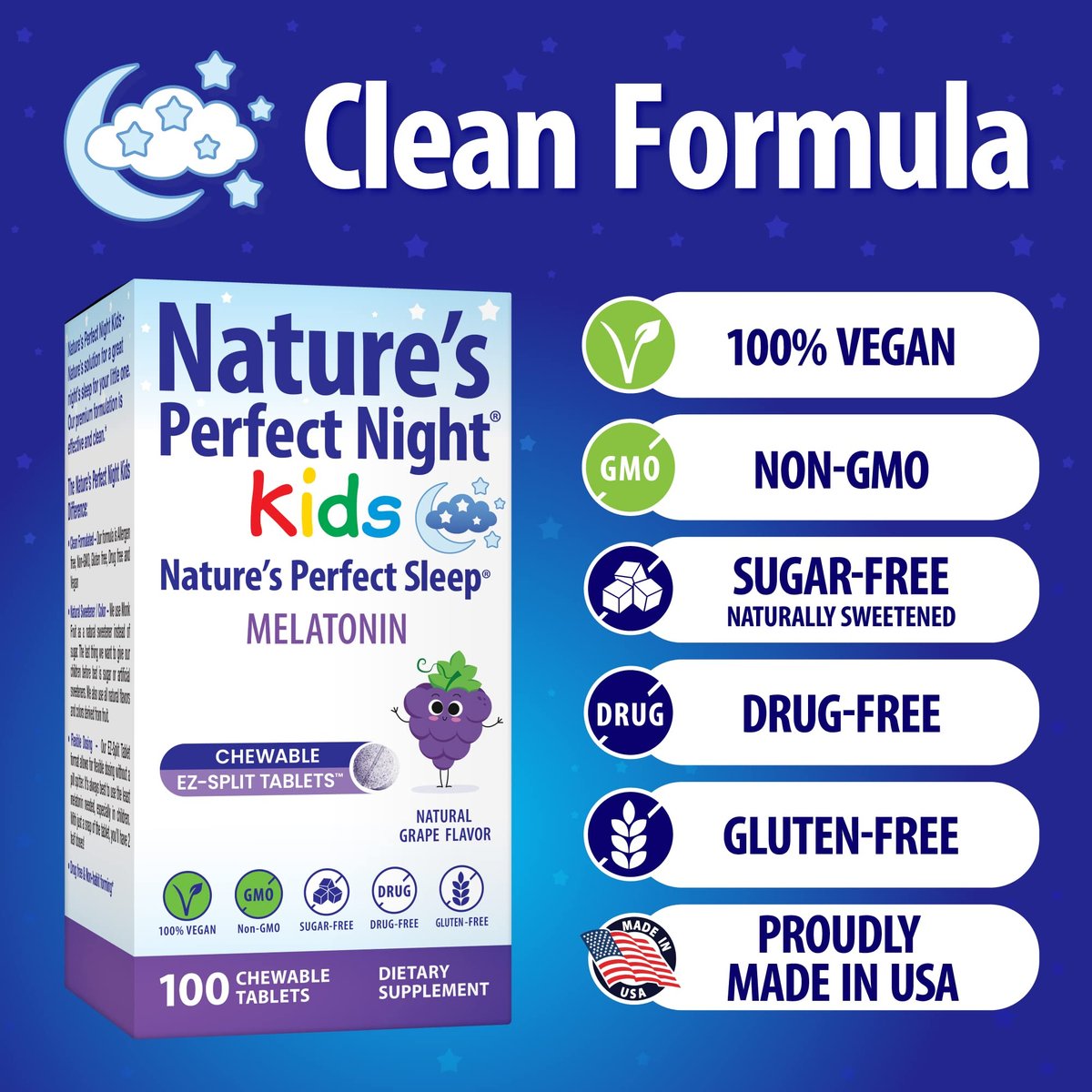 Nature's Perfect Night Kids | Melatonin für Kinder 1mg | 100 Kautabletten | Natürlicher Traubengeschmack | Zuckerfrei | Vegan | Glutenfrei | Ohne Arzneimittel | Große Packung
