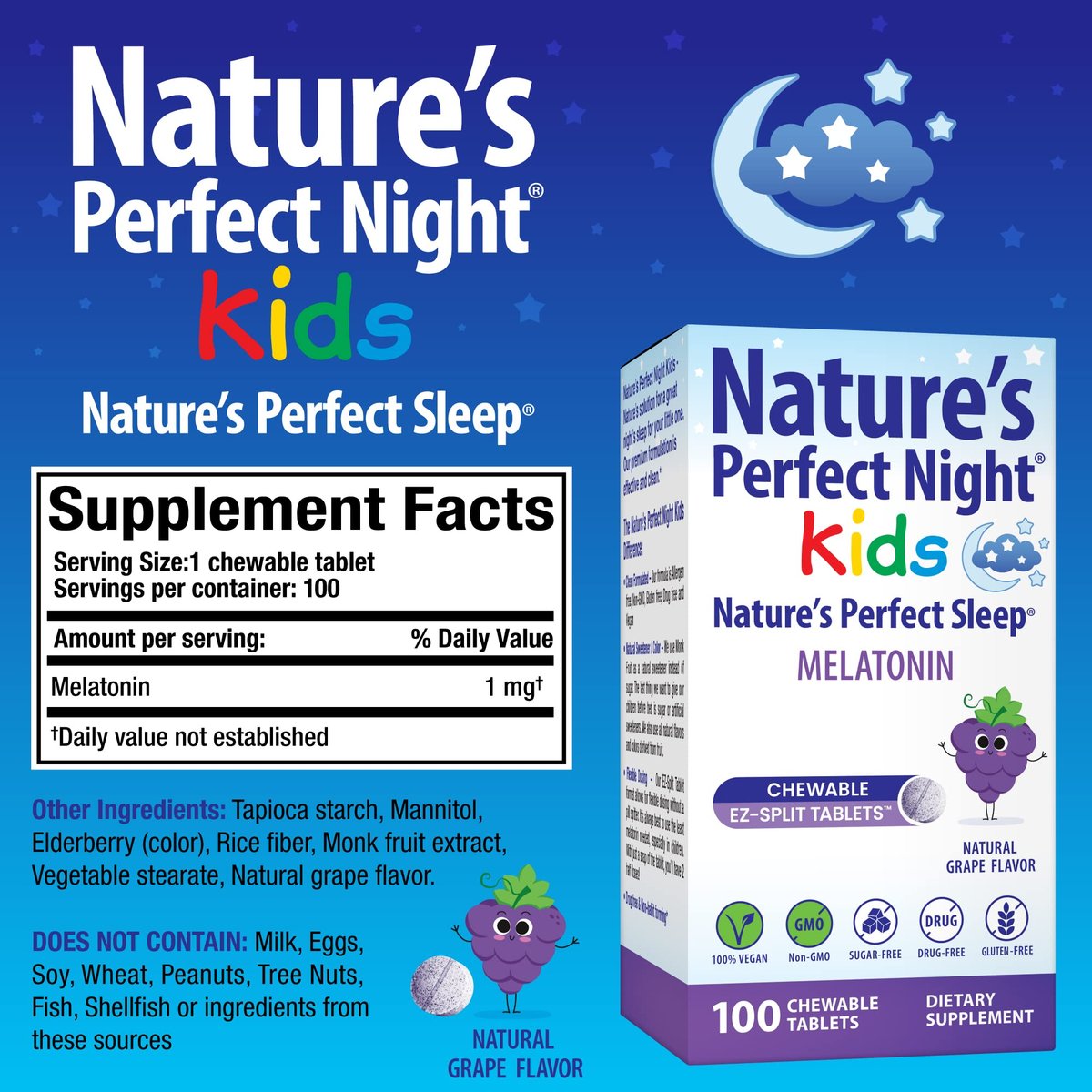 Nature's Perfect Night Kids | Melatonin für Kinder 1mg | 100 Kautabletten | Natürlicher Traubengeschmack | Zuckerfrei | Vegan | Glutenfrei | Ohne Arzneimittel | Große Packung