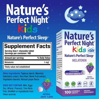 Nature's Perfect Night Kids | Melatonin für Kinder 1mg | 100 Kautabletten | Natürlicher Traubengeschmack | Zuckerfrei | Vegan | Glutenfrei | Ohne Arzneimittel | Große Packung