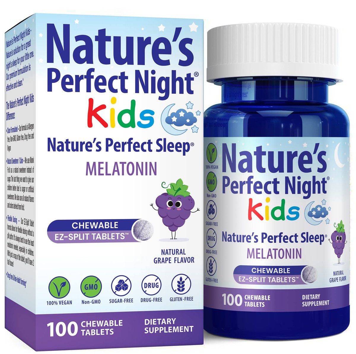 Nature's Perfect Night Kids | Melatonin für Kinder 1mg | 100 Kautabletten | Natürlicher Traubengeschmack | Zuckerfrei | Vegan | Glutenfrei | Ohne Arzneimittel | Große Packung