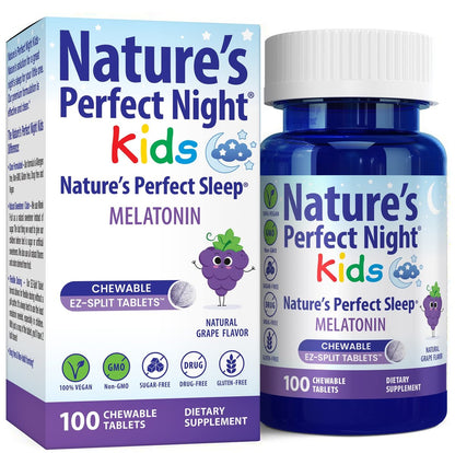 Nature's Perfect Night Kids | Melatonin für Kinder 1mg | 100 Kautabletten | Natürlicher Traubengeschmack | Zuckerfrei | Vegan | Glutenfrei | Ohne Arzneimittel | Große Packung