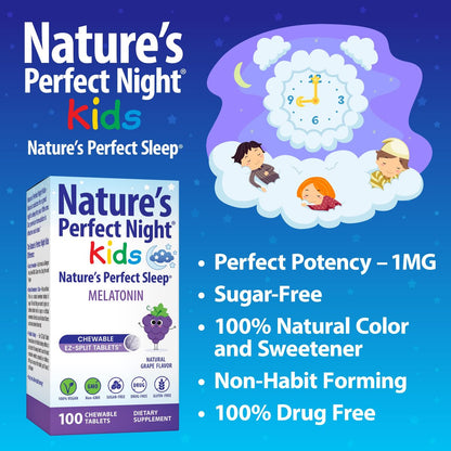Nature's Perfect Night Kids | Melatonin für Kinder 1mg | 100 Kautabletten | Natürlicher Traubengeschmack | Zuckerfrei | Vegan | Glutenfrei | Ohne Arzneimittel | Große Packung
