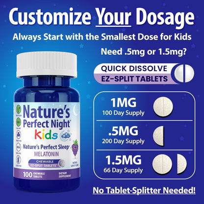 Nature's Perfect Night Kids | Melatonin für Kinder 1mg | 100 Kautabletten | Natürlicher Traubengeschmack | Zuckerfrei | Vegan | Glutenfrei | Ohne Arzneimittel | Große Packung