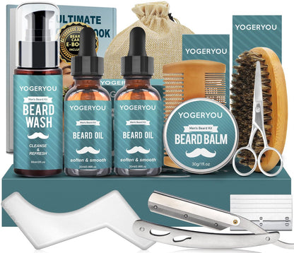 YogerYou Bartpflegeset für Männer mit Rasierer, 2er-Pack Bartöl, Bartwasch, Balsam, Bürste, Kamm, Schere – Herren Geschenk zum Geburtstag, Weihnachten