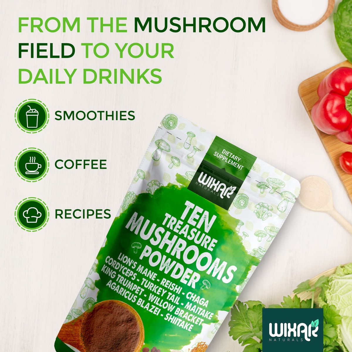 Wixar Pilz-Pulver – Zehn-Schätze-Pilzextrakt-Mischung für Kaffee & Smoothies – Löwenmähne, Truthahnschwanz, Reishi, Chaga, Shiitake, Cordyceps, Komplex – 113g Pilzergänzung
