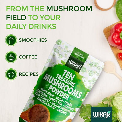 Wixar Pilz-Pulver – Zehn-Schätze-Pilzextrakt-Mischung für Kaffee & Smoothies – Löwenmähne, Truthahnschwanz, Reishi, Chaga, Shiitake, Cordyceps, Komplex – 113g Pilzergänzung