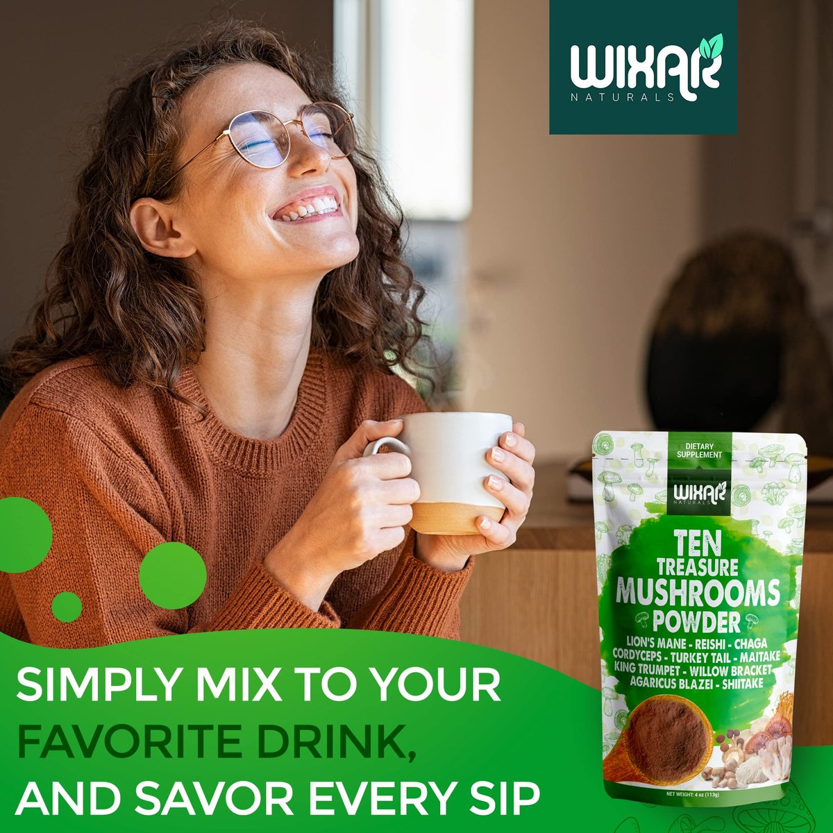 Wixar Pilz-Pulver – Zehn-Schätze-Pilzextrakt-Mischung für Kaffee & Smoothies – Löwenmähne, Truthahnschwanz, Reishi, Chaga, Shiitake, Cordyceps, Komplex – 113g Pilzergänzung