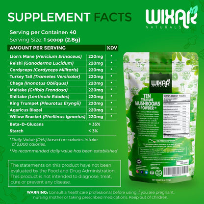 Wixar Pilz-Pulver – Zehn-Schätze-Pilzextrakt-Mischung für Kaffee & Smoothies – Löwenmähne, Truthahnschwanz, Reishi, Chaga, Shiitake, Cordyceps, Komplex – 113g Pilzergänzung