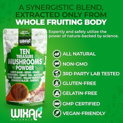 Wixar Pilz-Pulver – Zehn-Schätze-Pilzextrakt-Mischung für Kaffee & Smoothies – Löwenmähne, Truthahnschwanz, Reishi, Chaga, Shiitake, Cordyceps, Komplex – 113g Pilzergänzung