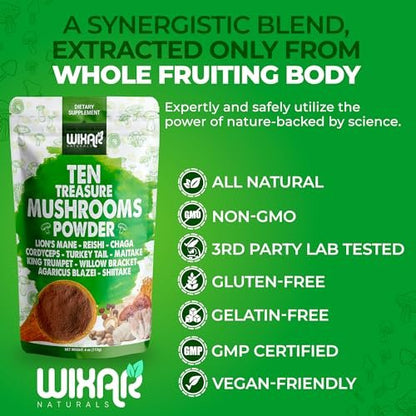 Wixar Pilz-Pulver – Zehn-Schätze-Pilzextrakt-Mischung für Kaffee & Smoothies – Löwenmähne, Truthahnschwanz, Reishi, Chaga, Shiitake, Cordyceps, Komplex – 113g Pilzergänzung