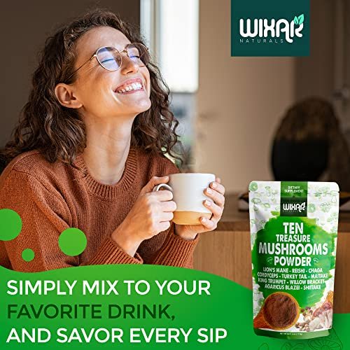 Wixar Pilz-Pulver – Zehn-Schätze-Pilzextrakt-Mischung für Kaffee & Smoothies – Löwenmähne, Truthahnschwanz, Reishi, Chaga, Shiitake, Cordyceps, Komplex – 113g Pilzergänzung