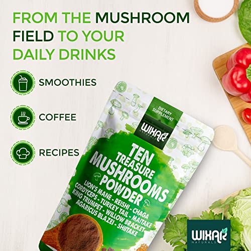 Wixar Pilz-Pulver – Zehn-Schätze-Pilzextrakt-Mischung für Kaffee & Smoothies – Löwenmähne, Truthahnschwanz, Reishi, Chaga, Shiitake, Cordyceps, Komplex – 113g Pilzergänzung