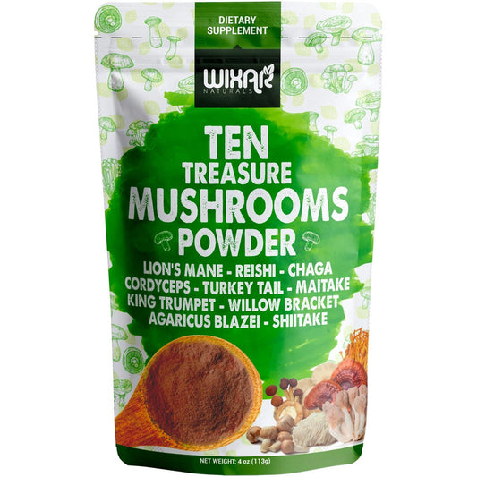 Wixar Pilz-Pulver – Zehn-Schätze-Pilzextrakt-Mischung für Kaffee & Smoothies – Löwenmähne, Truthahnschwanz, Reishi, Chaga, Shiitake, Cordyceps, Komplex – 113g Pilzergänzung