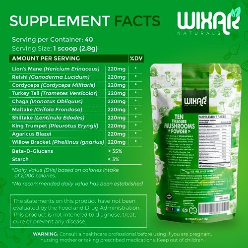 Wixar Pilz-Pulver – Zehn-Schätze-Pilzextrakt-Mischung für Kaffee & Smoothies – Löwenmähne, Truthahnschwanz, Reishi, Chaga, Shiitake, Cordyceps, Komplex – 113g Pilzergänzung