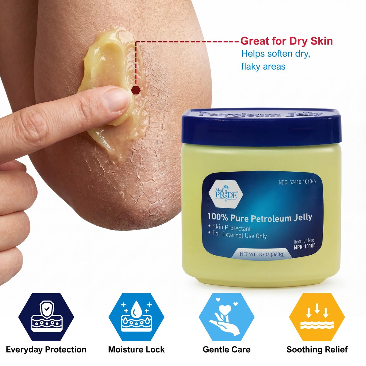MED PRIDE 100% Reines Weißes Petroleum-Gel, 370 g – Hautschutz & Feuchtigkeitscreme für trockene Haut, rissige Hände, spröde Lippen, kleine Schnitte, Verbrennungen & Windelausschlag – Duftfrei & Hypoallergen