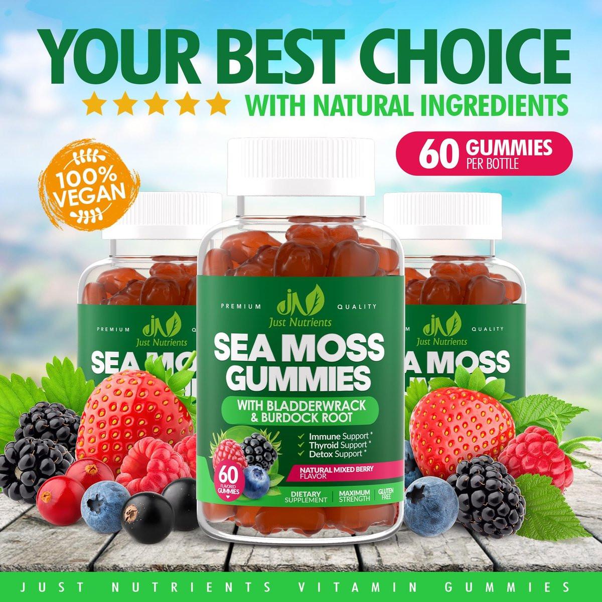Sea Moss 3000mg Gummis mit Bladderwrack und Klettenwurzel - Natürliches irisches Seemoos-Superfood für Immun-, Schilddrüsen- und Entgiftungsunterstützung - Extra stark für Männer & Frauen - Glutenfrei, vegan - 60 Gummis