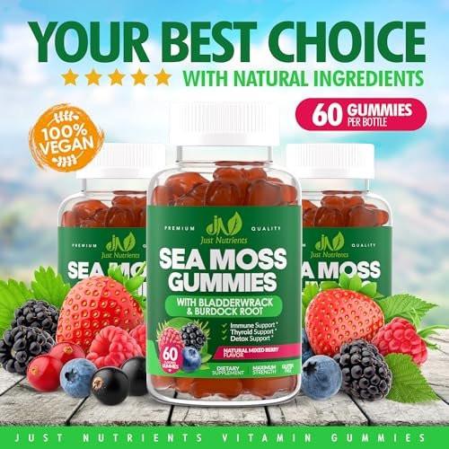 Sea Moss 3000mg Gummis mit Bladderwrack und Klettenwurzel - Natürliches irisches Seemoos-Superfood für Immun-, Schilddrüsen- und Entgiftungsunterstützung - Extra stark für Männer & Frauen - Glutenfrei, vegan - 60 Gummis