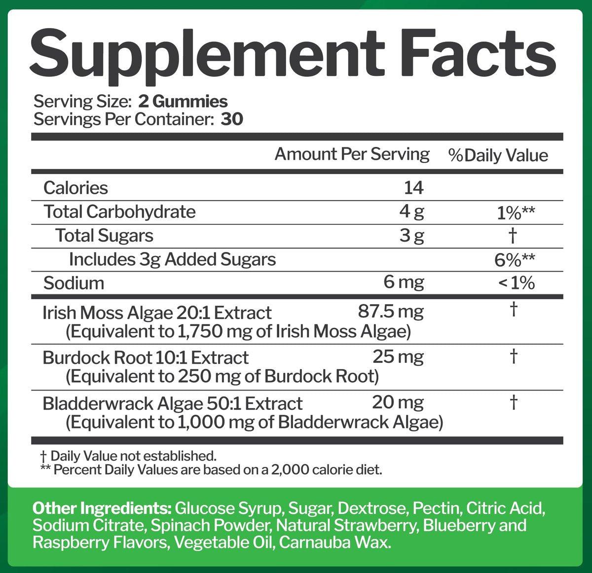 Sea Moss 3000mg Gummis mit Bladderwrack und Klettenwurzel - Natürliches irisches Seemoos-Superfood für Immun-, Schilddrüsen- und Entgiftungsunterstützung - Extra stark für Männer & Frauen - Glutenfrei, vegan - 60 Gummis