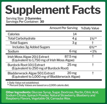 Sea Moss 3000mg Gummis mit Bladderwrack und Klettenwurzel - Natürliches irisches Seemoos-Superfood für Immun-, Schilddrüsen- und Entgiftungsunterstützung - Extra stark für Männer & Frauen - Glutenfrei, vegan - 60 Gummis