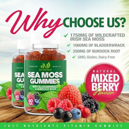 Sea Moss 3000mg Gummis mit Bladderwrack und Klettenwurzel - Natürliches irisches Seemoos-Superfood für Immun-, Schilddrüsen- und Entgiftungsunterstützung - Extra stark für Männer & Frauen - Glutenfrei, vegan - 60 Gummis