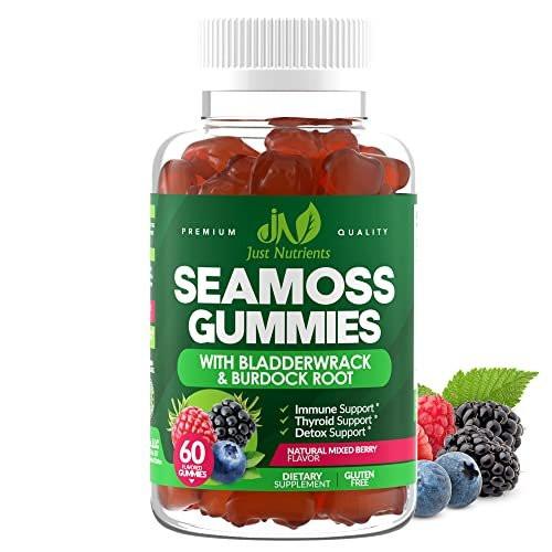 Sea Moss 3000mg Gummis mit Bladderwrack und Klettenwurzel - Natürliches irisches Seemoos-Superfood für Immun-, Schilddrüsen- und Entgiftungsunterstützung - Extra stark für Männer & Frauen - Glutenfrei, vegan - 60 Gummis