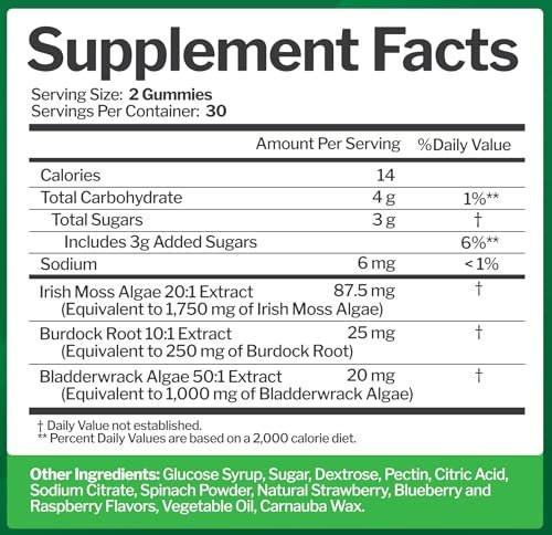 Sea Moss 3000mg Gummis mit Bladderwrack und Klettenwurzel - Natürliches irisches Seemoos-Superfood für Immun-, Schilddrüsen- und Entgiftungsunterstützung - Extra stark für Männer & Frauen - Glutenfrei, vegan - 60 Gummis