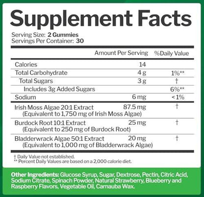 Sea Moss 3000mg Gummis mit Bladderwrack und Klettenwurzel - Natürliches irisches Seemoos-Superfood für Immun-, Schilddrüsen- und Entgiftungsunterstützung - Extra stark für Männer & Frauen - Glutenfrei, vegan - 60 Gummis