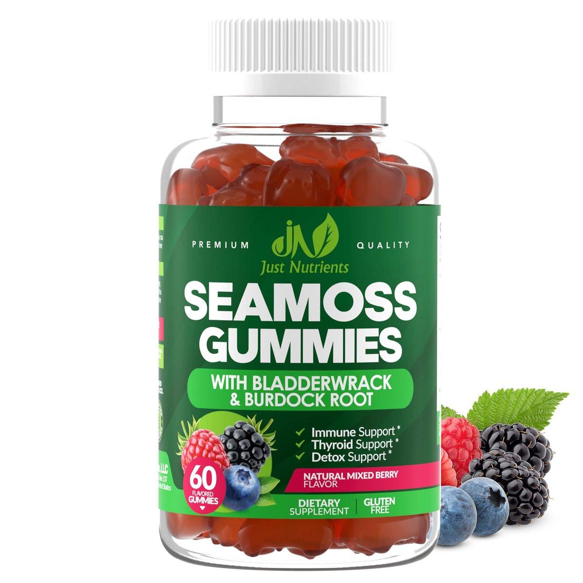 Sea Moss 3000mg Gummis mit Bladderwrack und Klettenwurzel - Natürliches irisches Seemoos-Superfood für Immun-, Schilddrüsen- und Entgiftungsunterstützung - Extra stark für Männer & Frauen - Glutenfrei, vegan - 60 Gummis