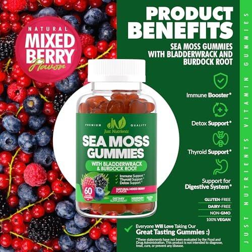 Sea Moss 3000mg Gummis mit Bladderwrack und Klettenwurzel - Natürliches irisches Seemoos-Superfood für Immun-, Schilddrüsen- und Entgiftungsunterstützung - Extra stark für Männer & Frauen - Glutenfrei, vegan - 60 Gummis