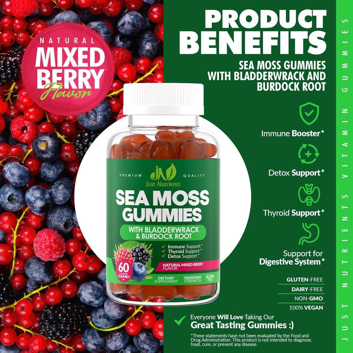 Sea Moss 3000mg Gummis mit Bladderwrack und Klettenwurzel - Natürliches irisches Seemoos-Superfood für Immun-, Schilddrüsen- und Entgiftungsunterstützung - Extra stark für Männer & Frauen - Glutenfrei, vegan - 60 Gummis