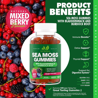 Sea Moss 3000mg Gummis mit Bladderwrack und Klettenwurzel - Natürliches irisches Seemoos-Superfood für Immun-, Schilddrüsen- und Entgiftungsunterstützung - Extra stark für Männer & Frauen - Glutenfrei, vegan - 60 Gummis