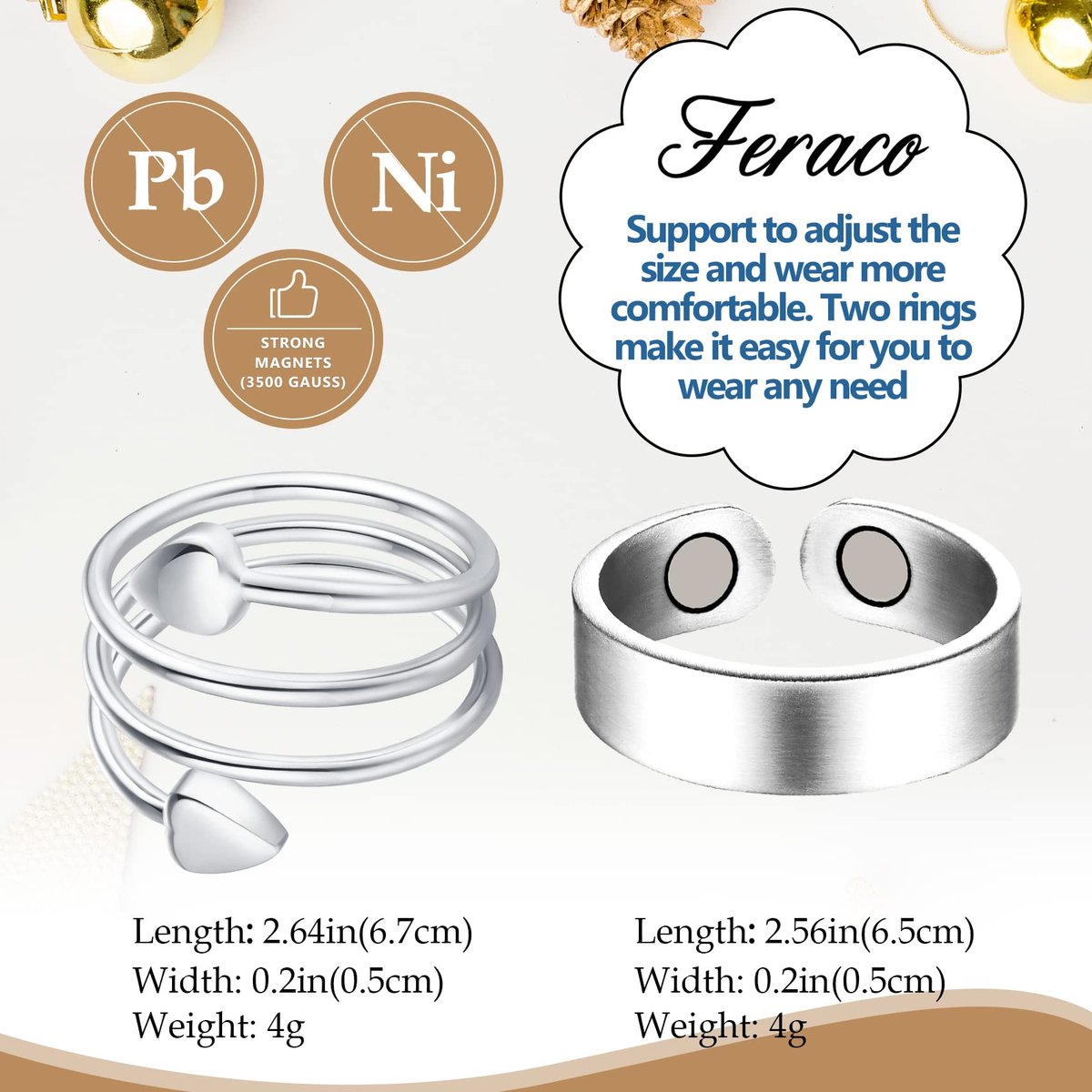 Feraco 2 Stück Kupferringe für Damen – 99,99% Reines Kupfer Magnetischer Daumenring mit Magnet – Lymphatik Schmuck Geschenk für Frauen, Muttertagsgeschenk