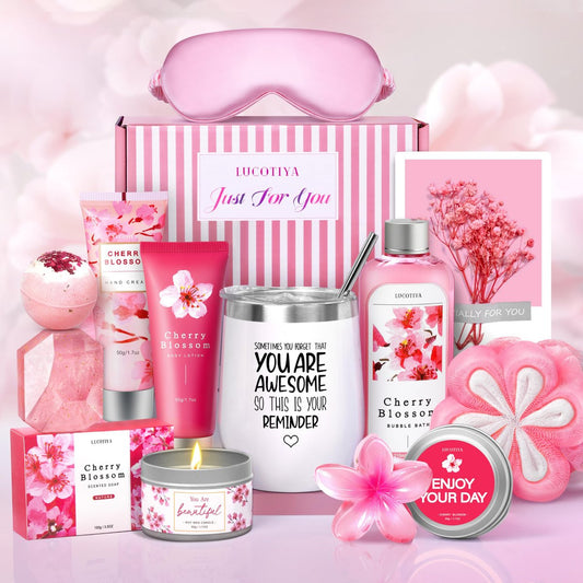 Geschenke für Frauen Geburtstagsgeschenke, Spa-Geschenkset - 10-teiliges Weihnachts-, Valentinstags- und Muttertagsgeschenk mit Kirschblüten-Selbstpflegepaket, Entspannungsgeschenkkorb