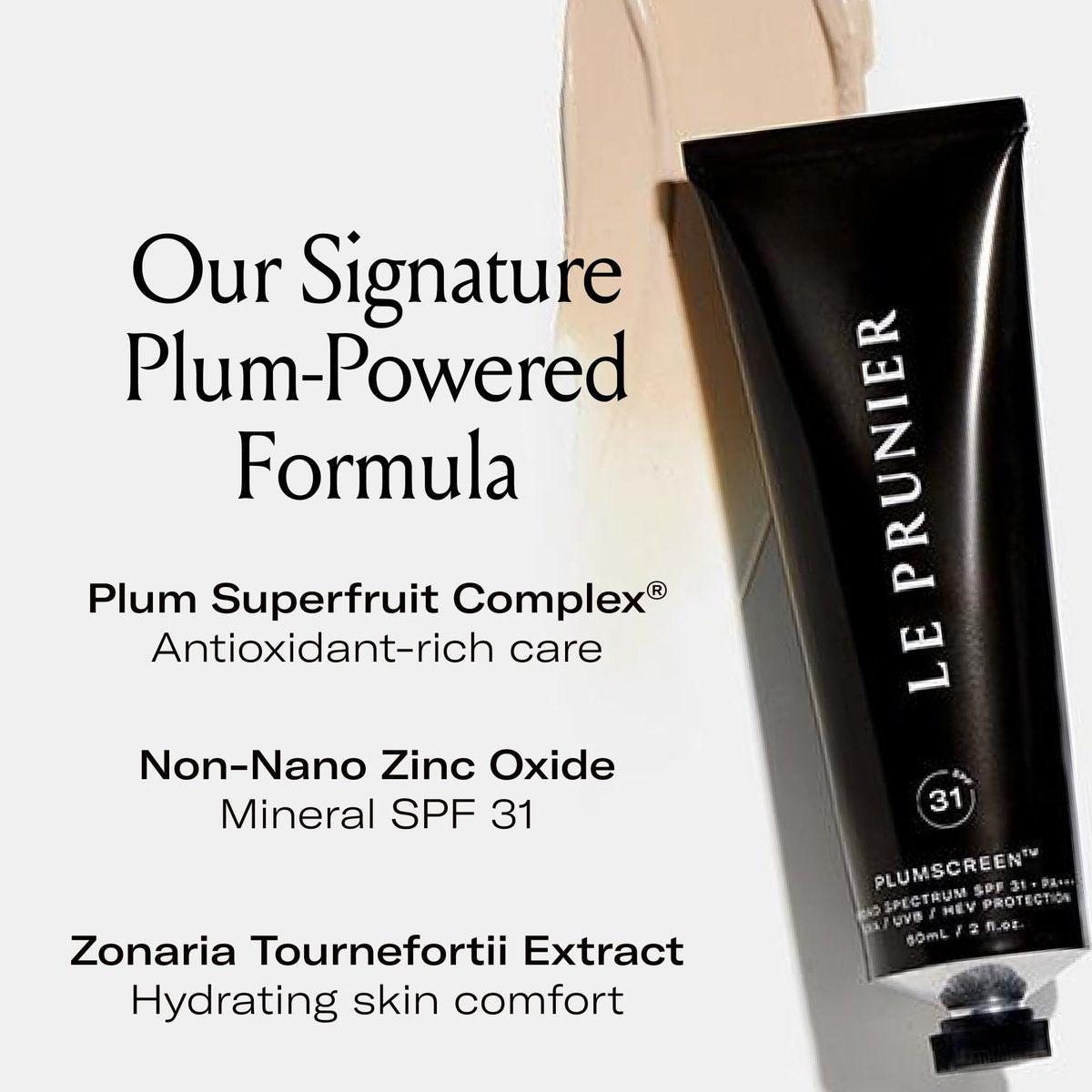Le Prunier Plumscreen® Breitband-SPF 31 PA+++ – 7-fach preisgekrönter, rein mineralischer Sonnenschutz mit Plum Superfruit Complex® | Antioxidativer, feuchtigkeitsspendender Sonnenschutz für das Gesicht | 59 ml