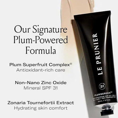 Le Prunier Plumscreen® Breitband-SPF 31 PA+++ – 7-fach preisgekrönter, rein mineralischer Sonnenschutz mit Plum Superfruit Complex® | Antioxidativer, feuchtigkeitsspendender Sonnenschutz für das Gesicht | 59 ml