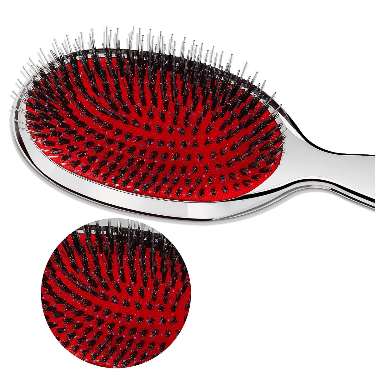 Sibba Antistatische Haarbürste Paddel Massage Haarbürste für Haarverlängerungen Professionelle Entwirrbürste mit Naturborsten und Nylonkissen für langes, dickes, welliges Haar (Silber)