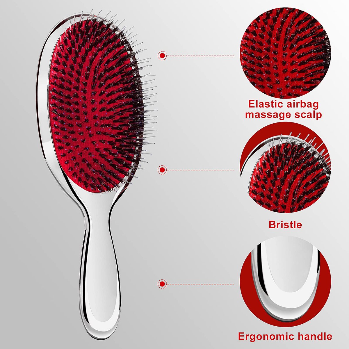 Sibba Antistatische Haarbürste Paddel Massage Haarbürste für Haarverlängerungen Professionelle Entwirrbürste mit Naturborsten und Nylonkissen für langes, dickes, welliges Haar (Silber)