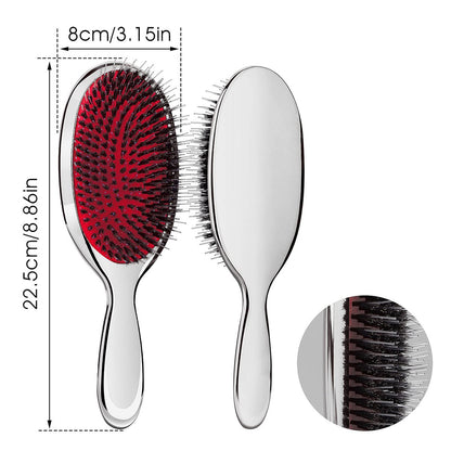 Sibba Antistatische Haarbürste Paddel Massage Haarbürste für Haarverlängerungen Professionelle Entwirrbürste mit Naturborsten und Nylonkissen für langes, dickes, welliges Haar (Silber)