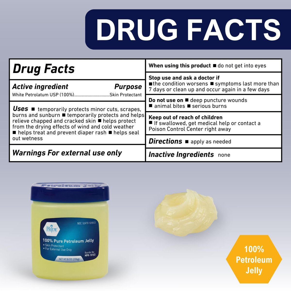 MED PRIDE 100% reines weißes Vaseline – 227 g Hautschutz & Feuchtigkeitscreme für trockene Haut, Ausschlag, Verbrennungen, Wunden, rissige Lippen & Windelausschlag – Duftfrei, hypoallergen, Familienpackung