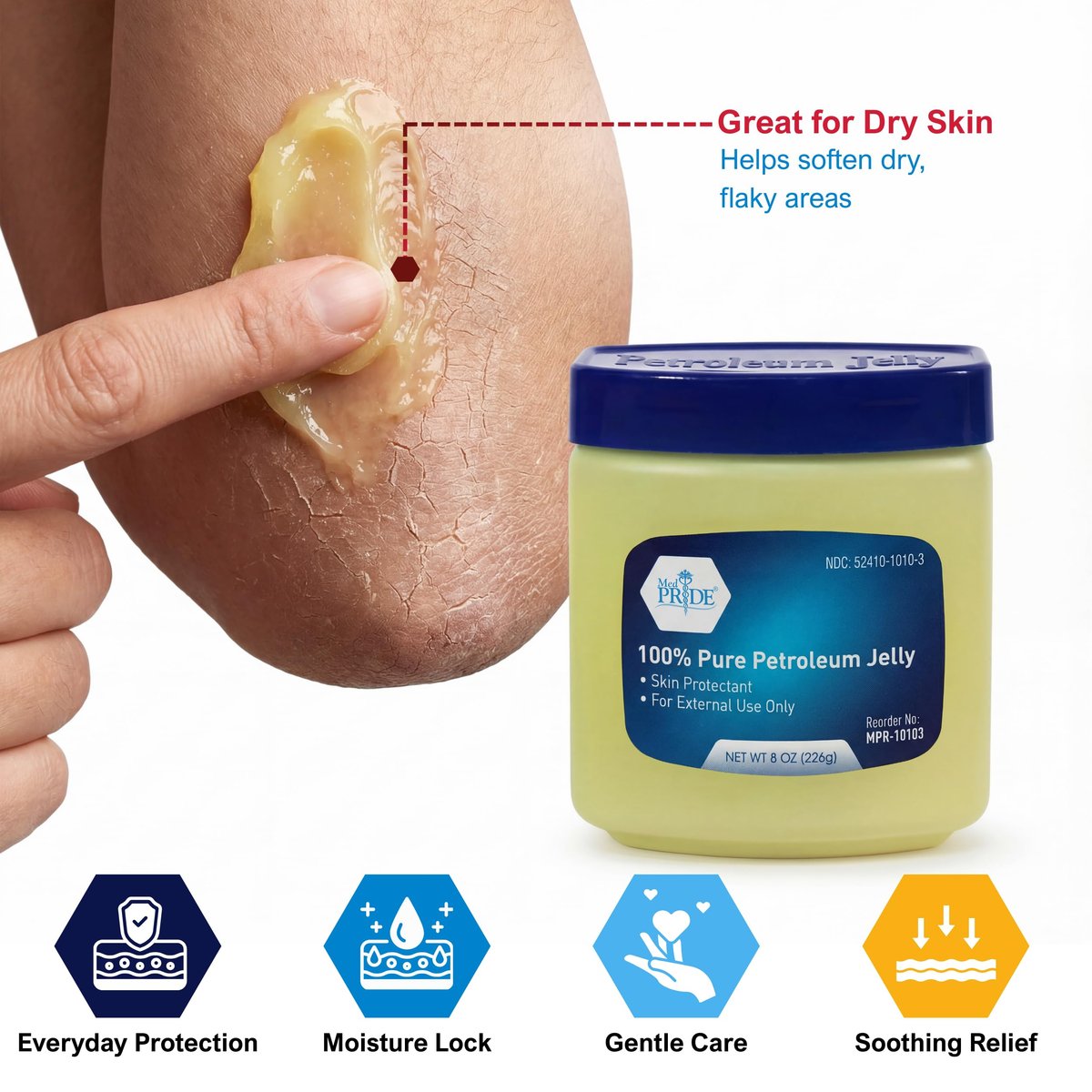 MED PRIDE 100% reines weißes Vaseline – 227 g Hautschutz & Feuchtigkeitscreme für trockene Haut, Ausschlag, Verbrennungen, Wunden, rissige Lippen & Windelausschlag – Duftfrei, hypoallergen, Familienpackung