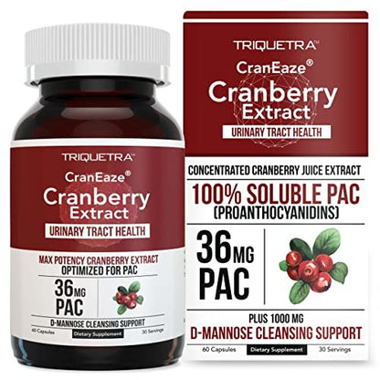 CranEaze®: Cranberrysaft-Extrakt plus D-Mannose – 36 mg PAC, 100% lösliches PAC – Unterstützt die Gesundheit der Harnwege – Wirksamste Cranberry-Kapseln für Frauen, UTI-Cranberry-Ergänzung – 60 Kapseln