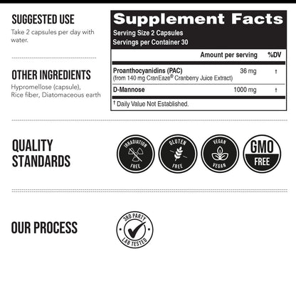CranEaze®: Cranberrysaft-Extrakt plus D-Mannose – 36 mg PAC, 100% lösliches PAC – Unterstützt die Gesundheit der Harnwege – Wirksamste Cranberry-Kapseln für Frauen, UTI-Cranberry-Ergänzung – 60 Kapseln