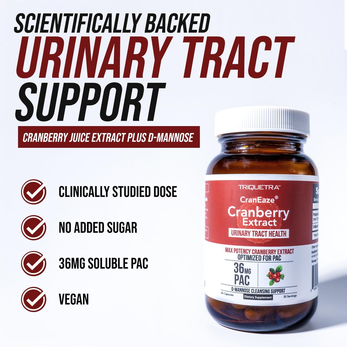 CranEaze®: Cranberrysaft-Extrakt plus D-Mannose – 36 mg PAC, 100% lösliches PAC – Unterstützt die Gesundheit der Harnwege – Wirksamste Cranberry-Kapseln für Frauen, UTI-Cranberry-Ergänzung – 60 Kapseln